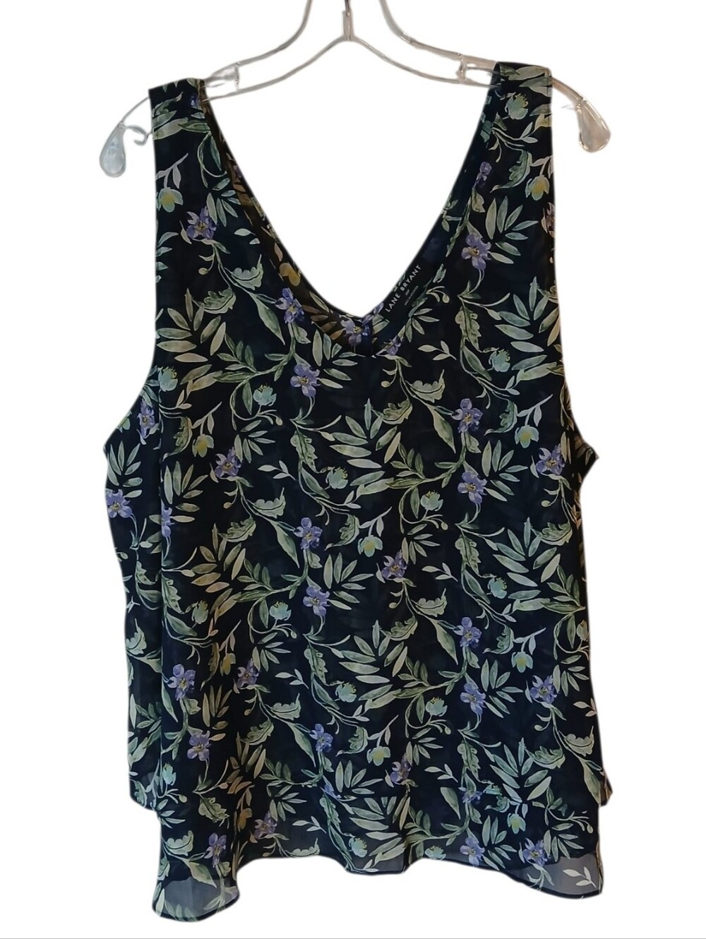 Lane Bryant Floral V-Neck Sheer Top with Green Leaf Print